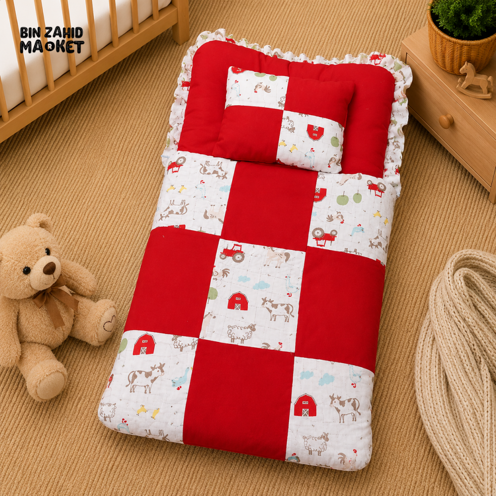 PREMIUM BABY BEDDING SET – FARMHOUSE PATCHWORK DESIGN (RED & WHITE)