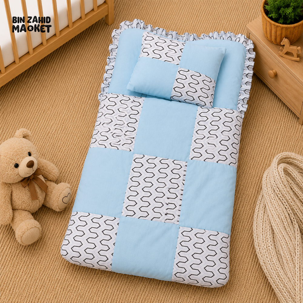 PREMIUM BABY BEDDING SET – GEOMETRIC PATCHWORK DESIGN (BABY BLUE & WHITE)