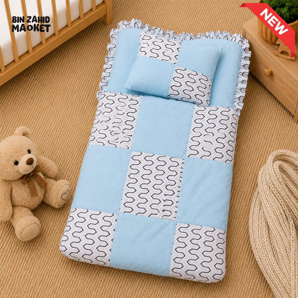 PREMIUM BABY BEDDING SET – GEOMETRIC PATCHWORK DESIGN (BABY BLUE & WHITE)