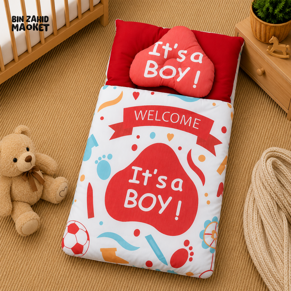 PREMIUM BABY BEDDING SET – “IT’S A BOY” CELEBRATION DESIGN (RED & WHITE)