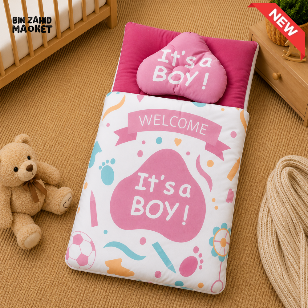 PREMIUM BABY BEDDING SET – PASTEL “IT’S A BOY” CELEBRATION DESIGN (PINK & WHITE)