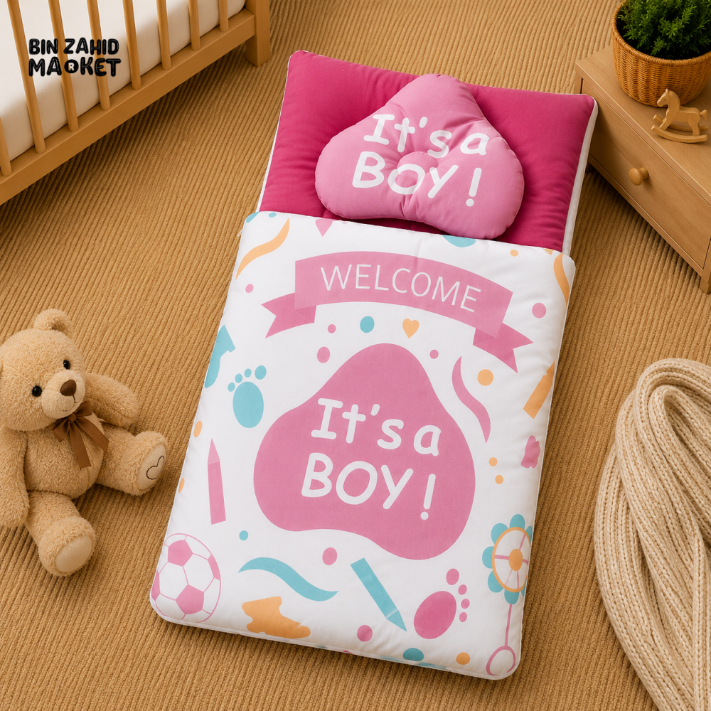PREMIUM BABY BEDDING SET – PASTEL “IT’S A BOY” CELEBRATION DESIGN (PINK & WHITE)