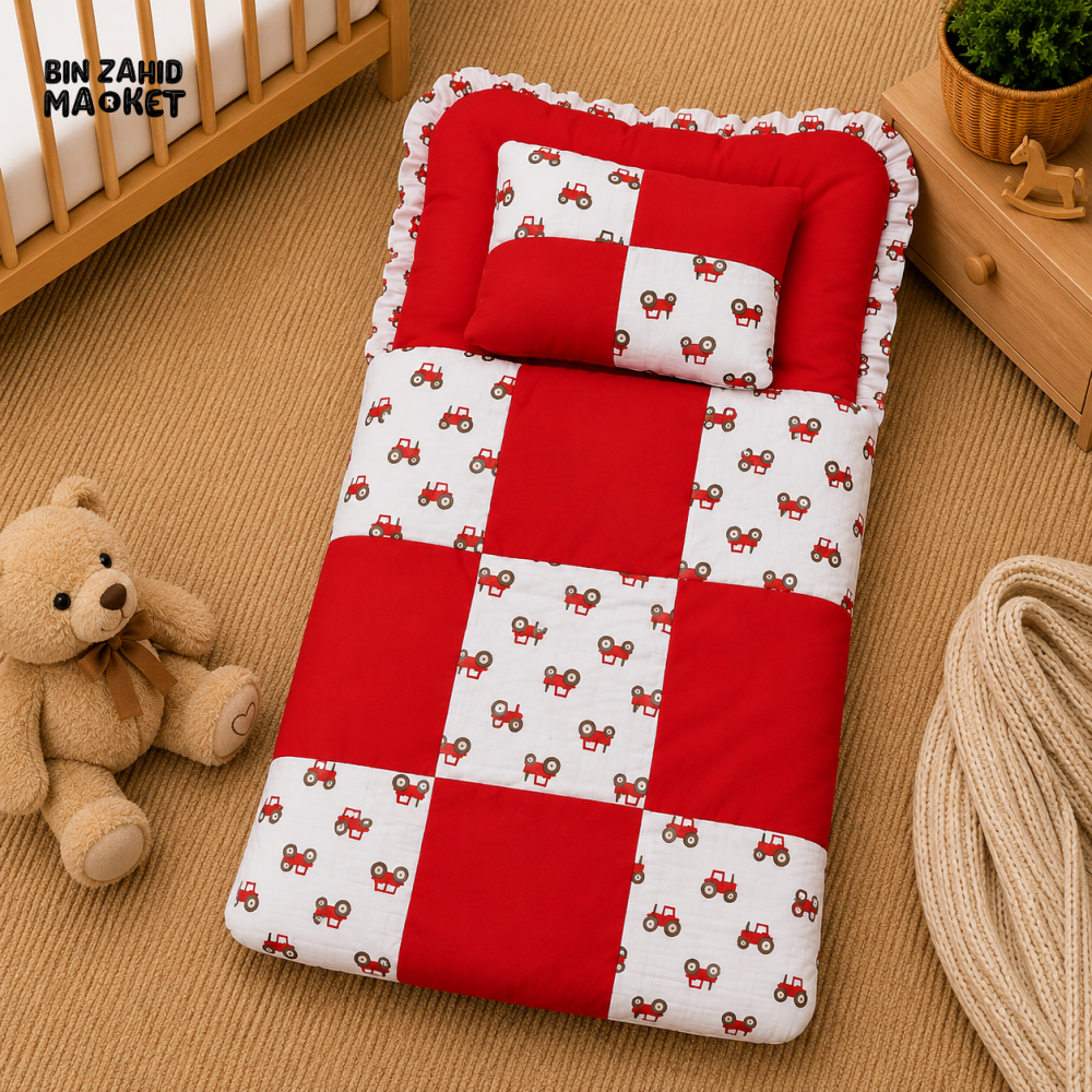 PREMIUM BABY BEDDING SET – TRACTOR PATCHWORK DESIGN (RED & WHITE)