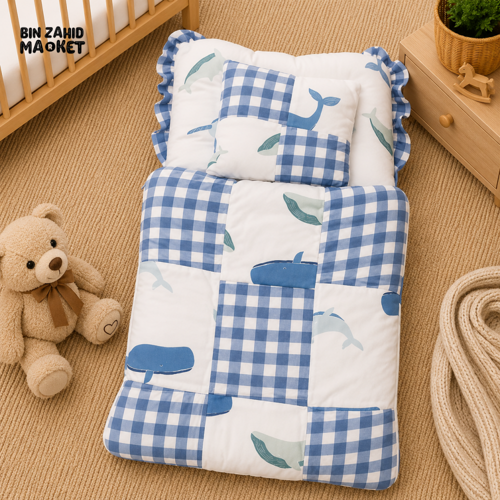PREMIUM BABY BEDDING SET – WHALE PATCHWORK DESIGN (BLUE & WHITE)