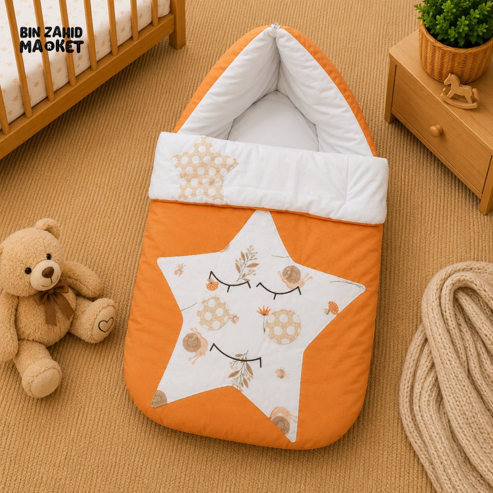 PREMIUM BABY HOODED SLEEPING BAG – FLORAL STAR PATCHWORK DESIGN (ORANGE & WHITE)
