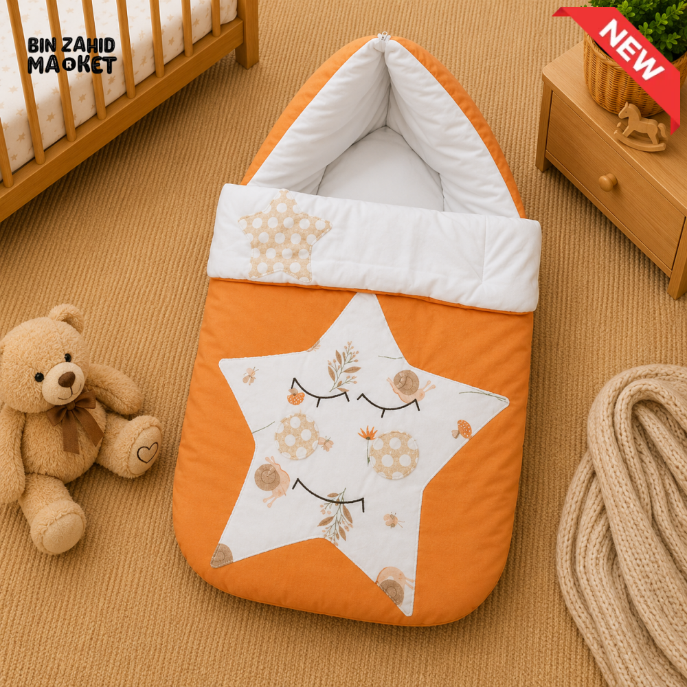 PREMIUM BABY HOODED SLEEPING BAG – FLORAL STAR PATCHWORK DESIGN (ORANGE & WHITE)
