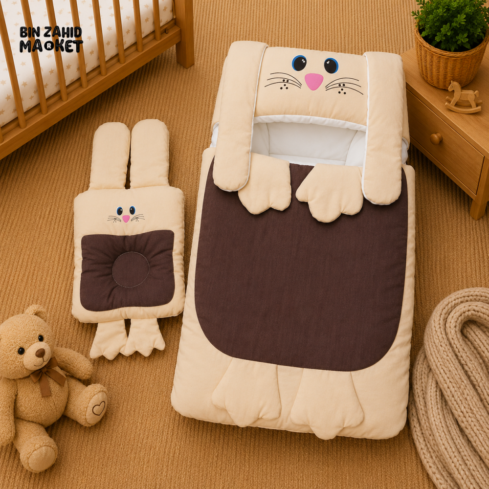 PREMIUM BABY HOODED SLEEPING BAG SET – CUTE BUNNY DESIGN (BEIGE & BROWN)