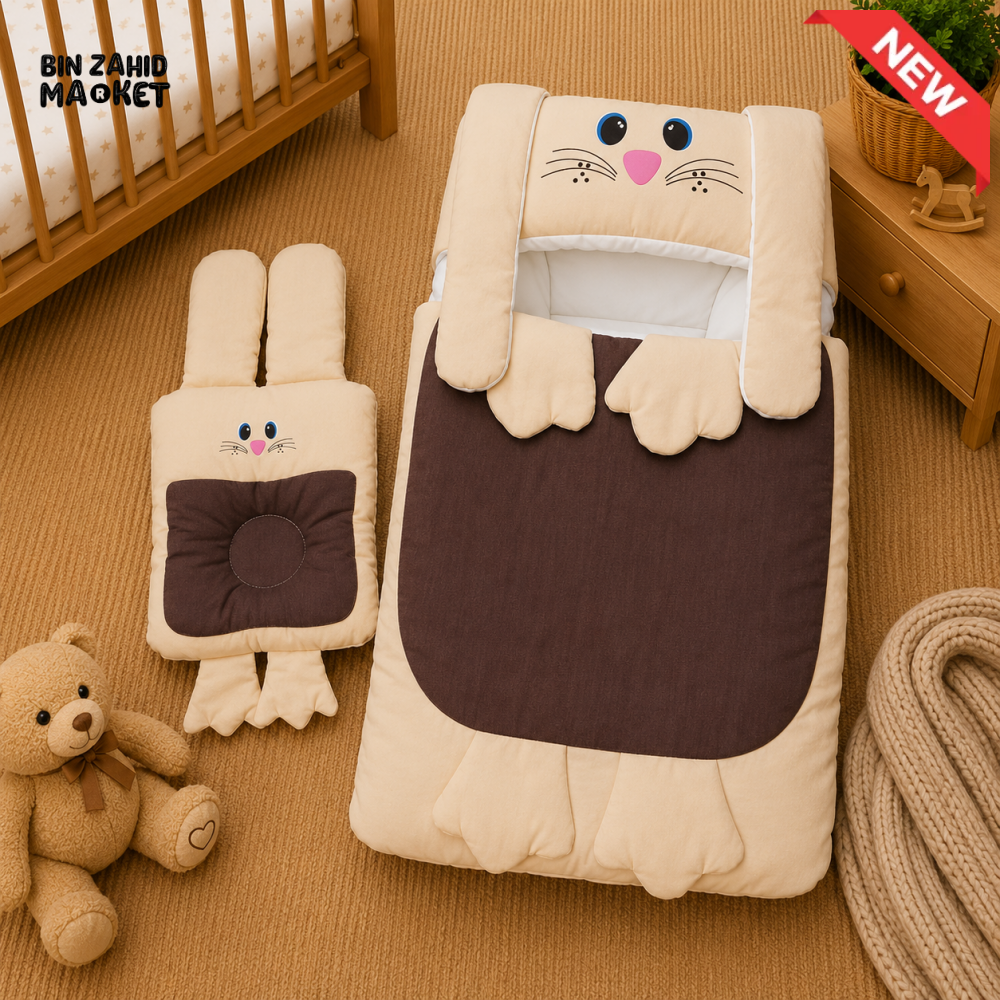 PREMIUM BABY HOODED SLEEPING BAG SET – CUTE BUNNY DESIGN (BEIGE & BROWN)