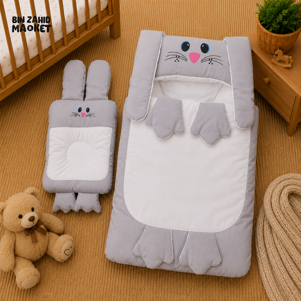 PREMIUM BABY HOODED SLEEPING BAG SET – CUTE BUNNY DESIGN (GREY & WHITE)