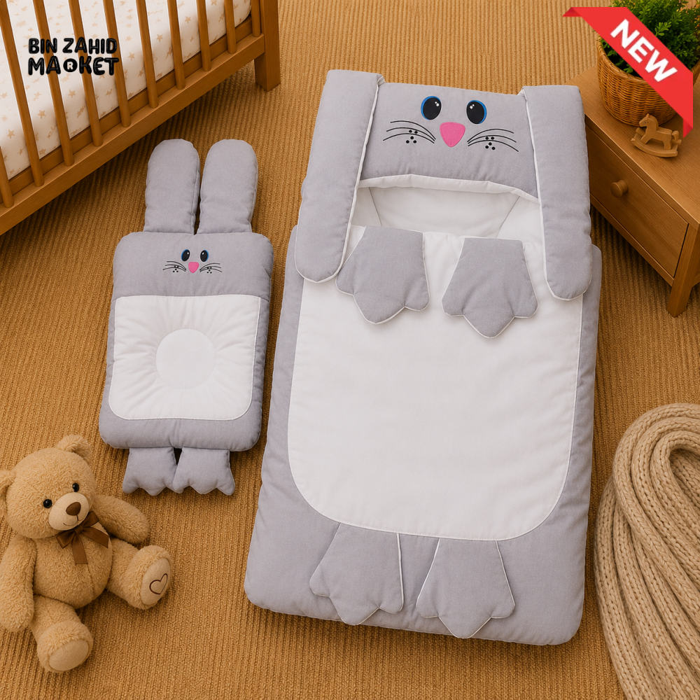 PREMIUM BABY HOODED SLEEPING BAG SET – CUTE BUNNY DESIGN (GREY & WHITE)