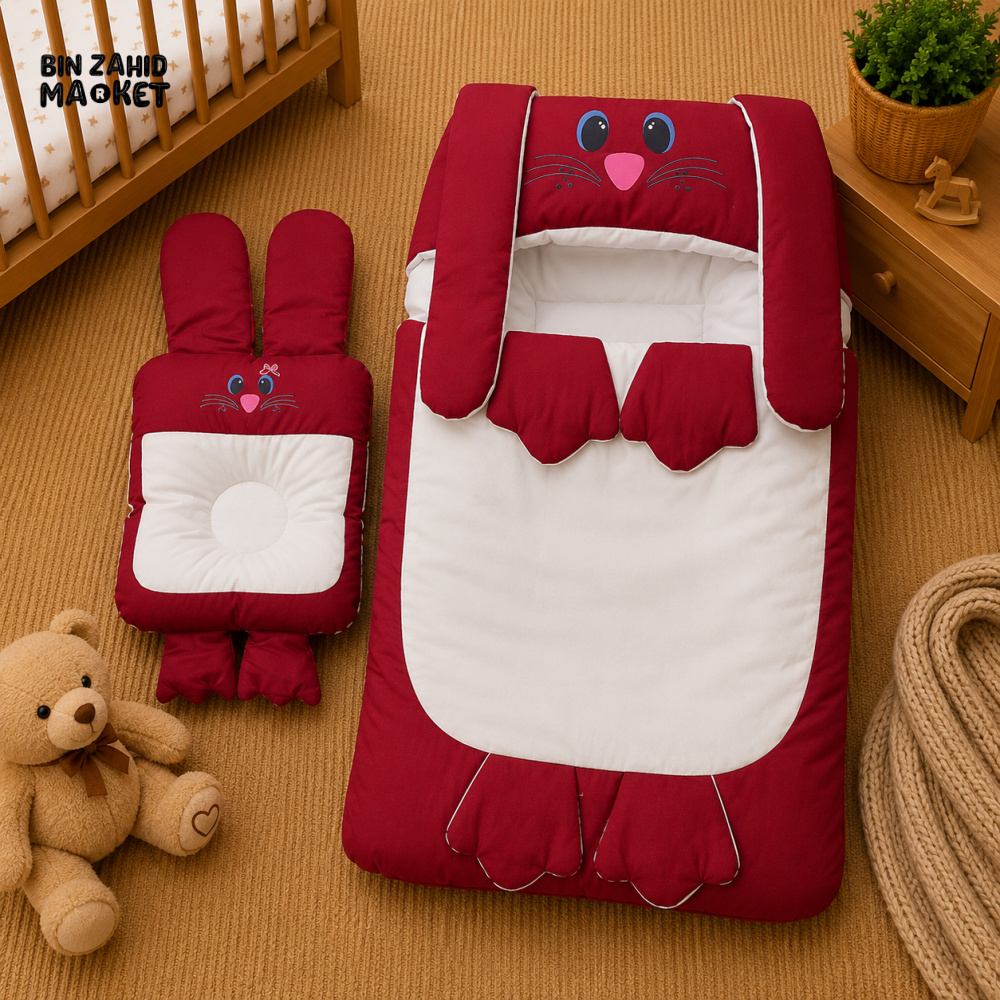 PREMIUM BABY HOODED SLEEPING BAG SET – CUTE BUNNY DESIGN (MAROON & WHITE)