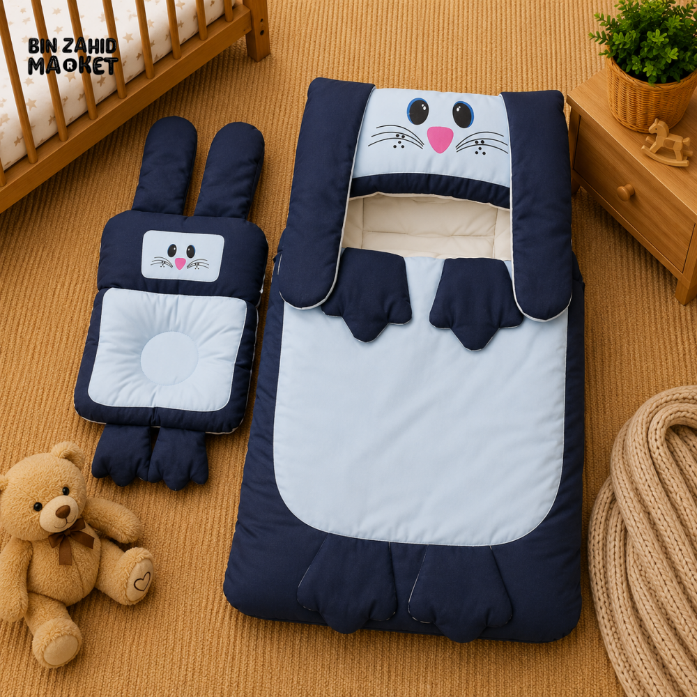 PREMIUM BABY HOODED SLEEPING BAG SET – CUTE BUNNY DESIGN (NAVY BLUE & WHITE)