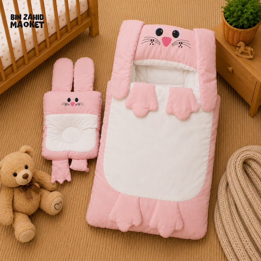 PREMIUM BABY HOODED SLEEPING BAG SET – CUTE BUNNY DESIGN (PINK & WHITE)