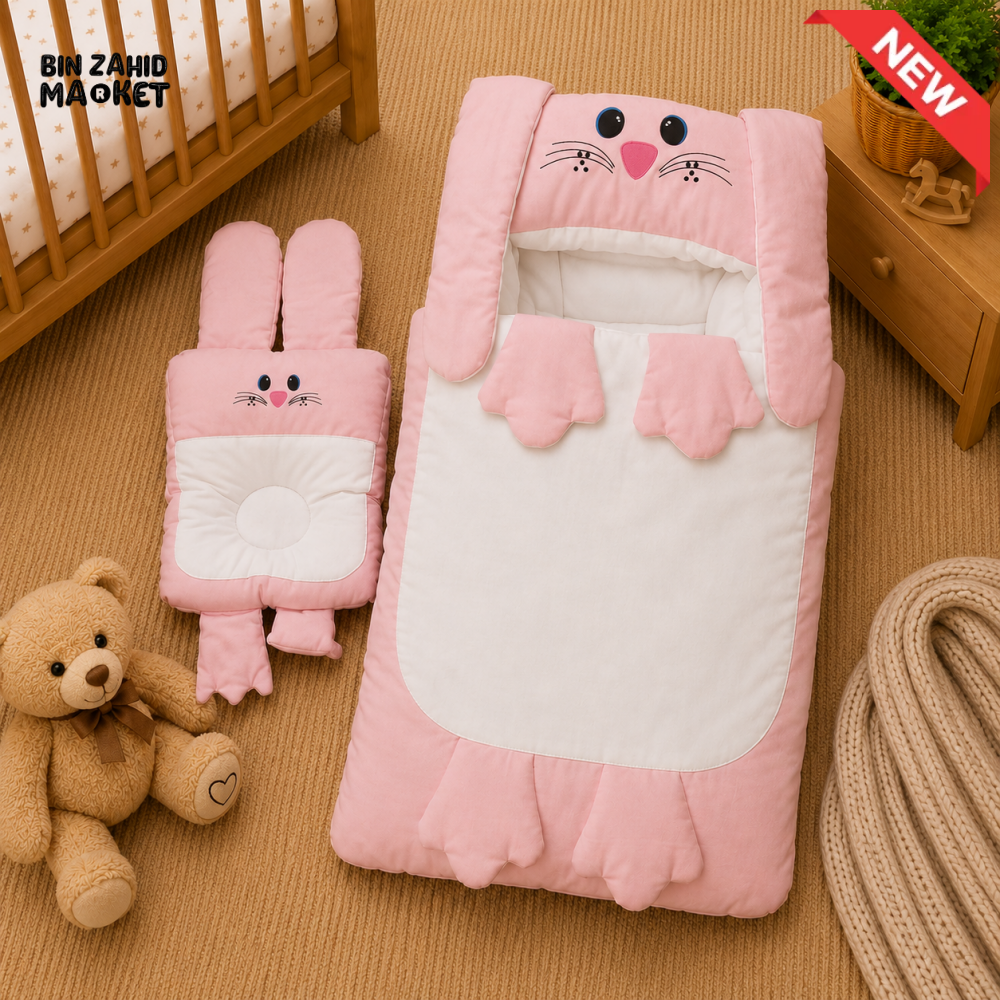 PREMIUM BABY HOODED SLEEPING BAG SET – CUTE BUNNY DESIGN (PINK & WHITE)