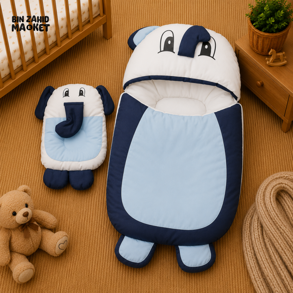 PREMIUM BABY HOODED SLEEPING BAG SET – CUTE ELEPHANT DESIGN (BABY BLUE & NAVY BLUE)