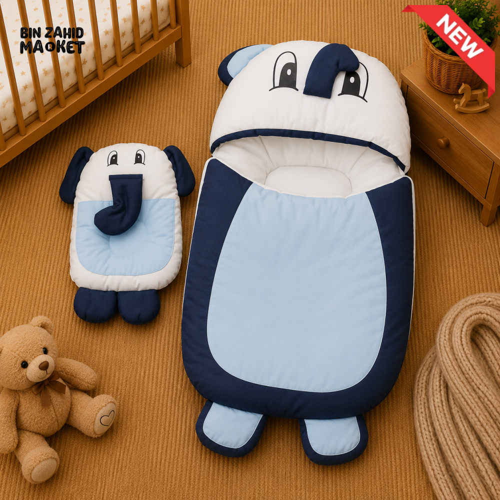 PREMIUM BABY HOODED SLEEPING BAG SET – CUTE ELEPHANT DESIGN (BABY BLUE & NAVY BLUE)