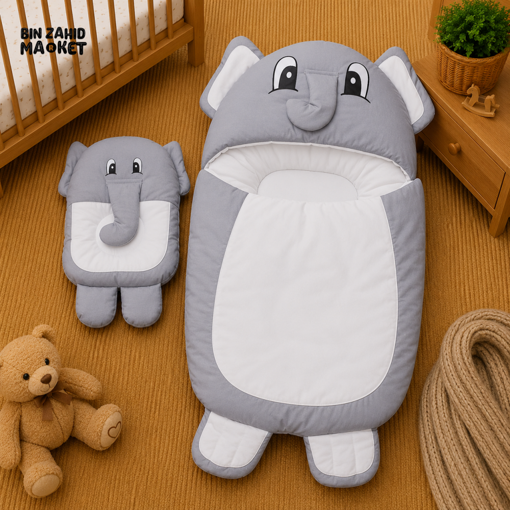 PREMIUM BABY HOODED SLEEPING BAG SET – CUTE ELEPHANT DESIGN (GREY & WHITE)