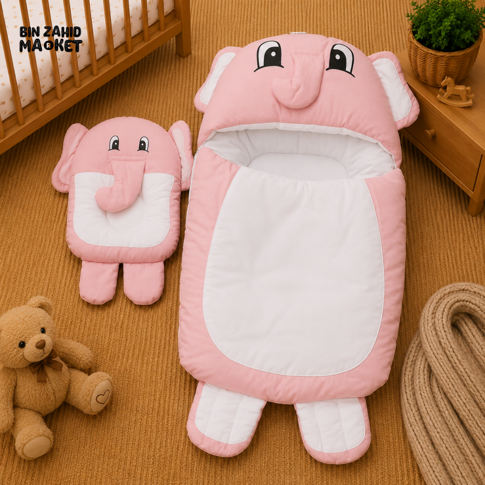 PREMIUM BABY HOODED SLEEPING BAG SET – CUTE ELEPHANT DESIGN (PINK & WHITE)