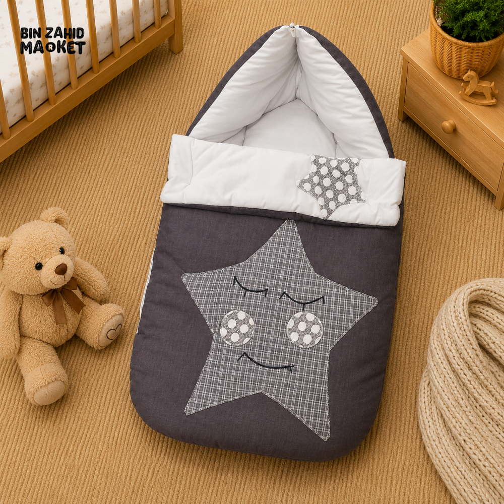 PREMIUM BABY HOODED SLEEPING BAG – STAR PATCHWORK DESIGN (GREY & WHITE)
