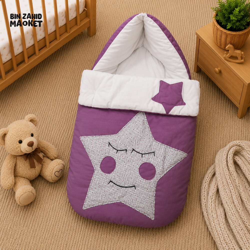 PREMIUM BABY HOODED SLEEPING BAG – STAR PATCHWORK DESIGN (LAVENDER & WHITE)
