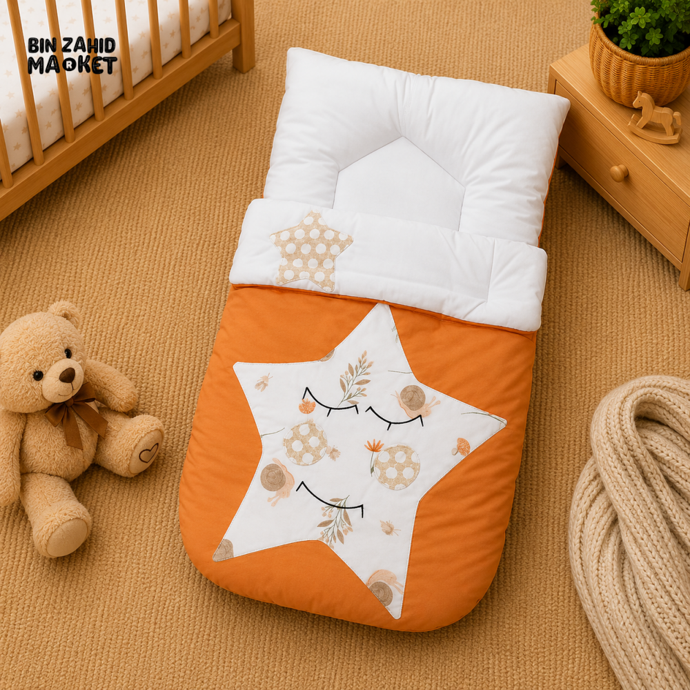 PREMIUM BABY HOODED SLEEPING BAG – STAR PATCHWORK DESIGN (ORANGE & WHITE)