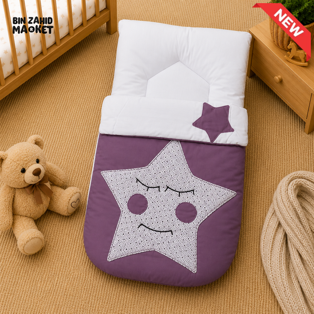 PREMIUM BABY HOODED SLEEPING BAG – STAR PATCHWORK DESIGN (PURPLE & WHITE)