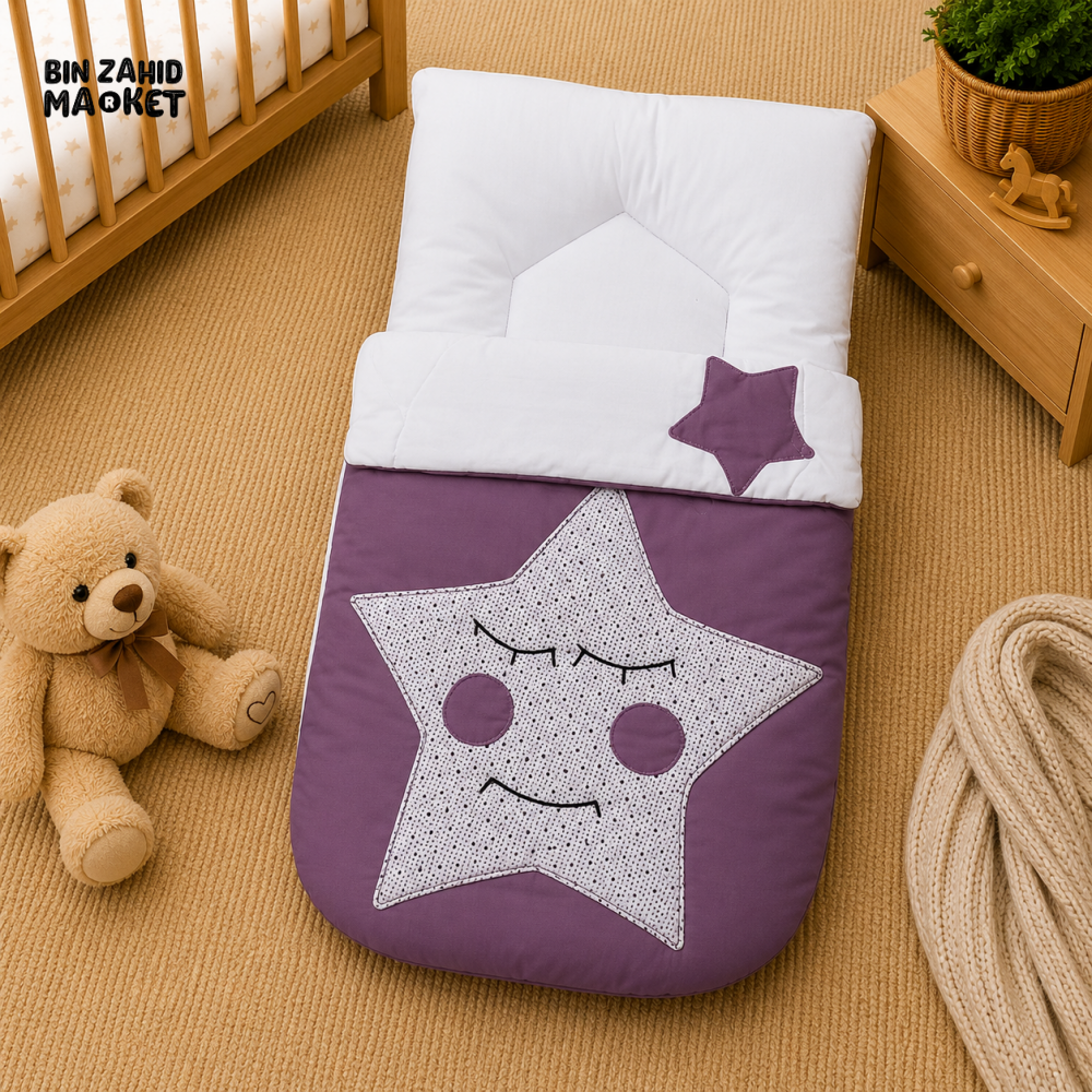 PREMIUM BABY HOODED SLEEPING BAG – STAR PATCHWORK DESIGN (PURPLE & WHITE)