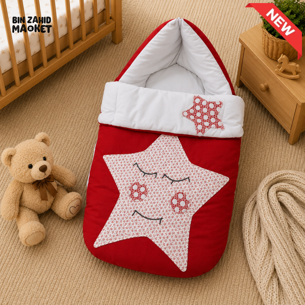 PREMIUM BABY HOODED SLEEPING BAG – STAR PATCHWORK DESIGN (RED & WHITE)