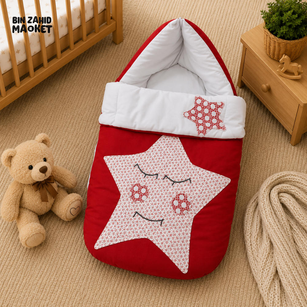 PREMIUM BABY HOODED SLEEPING BAG – STAR PATCHWORK DESIGN (RED & WHITE)