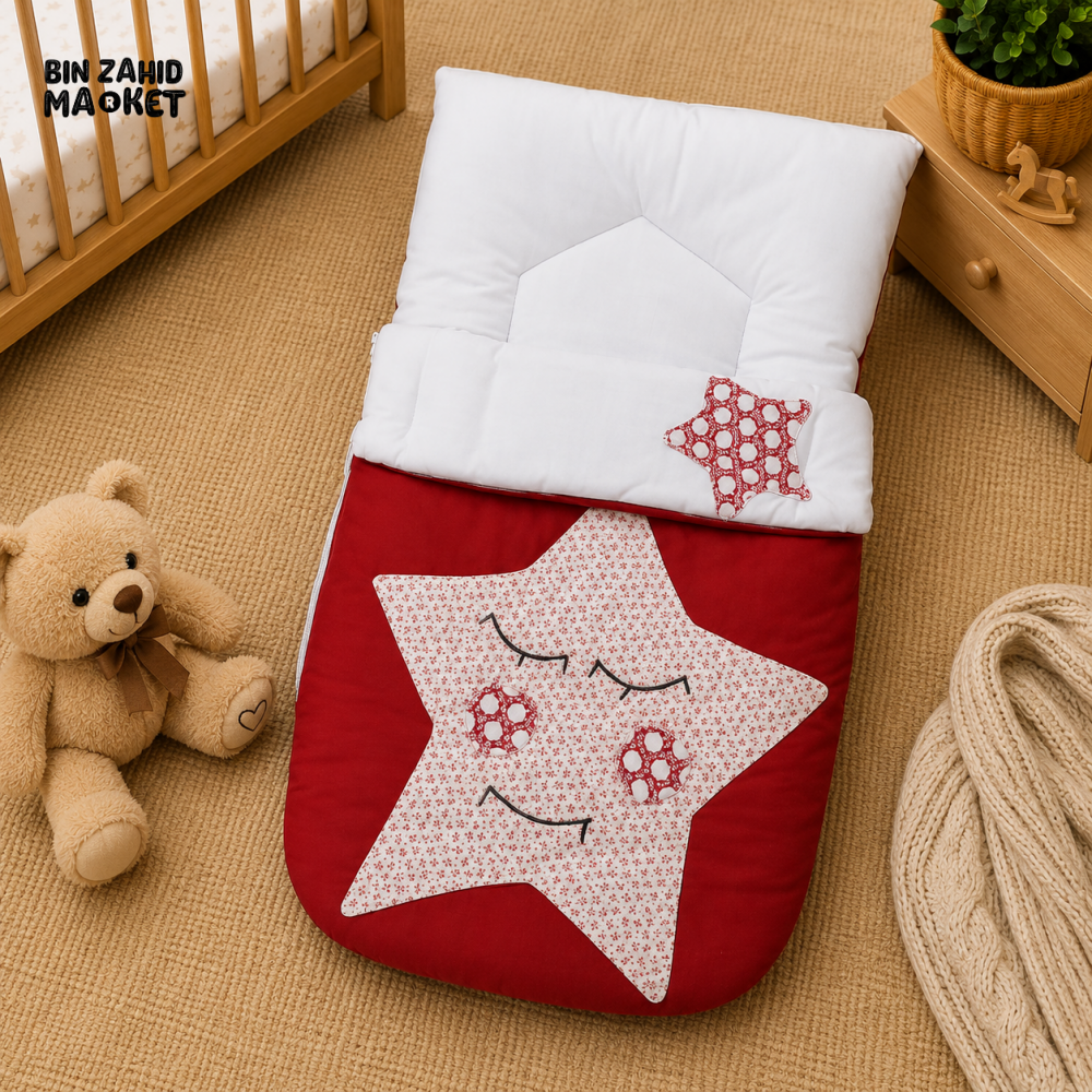 PREMIUM BABY HOODED SLEEPING BAG – STAR PATCHWORK DESIGN (RED & WHITE)