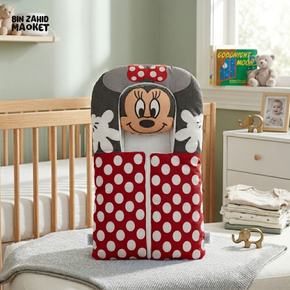 PREMIUM BABY SLEEPING BAG & BEDDING SET – POLKA DOT CARTOON DESIGN (RED & GREY)