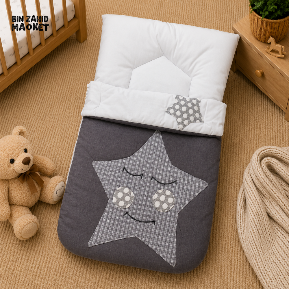 PREMIUM BABY SLEEPING BAG & BEDDING SET – STAR PATCHWORK DESIGN (GREY & WHITE)