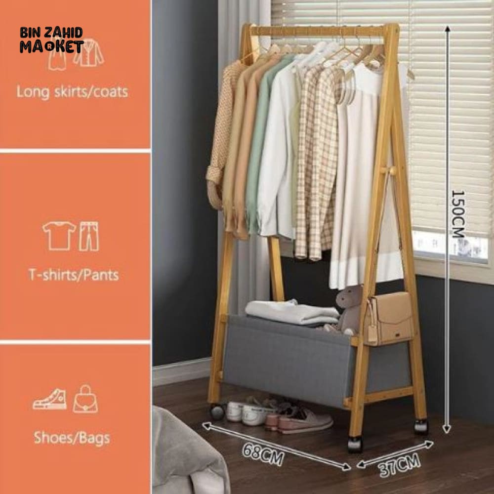 PREMIUM BAMBOO WOODEN CLOTHES STAND – ELEGANT CLOTHES RACK WITH STORAGE SHELF