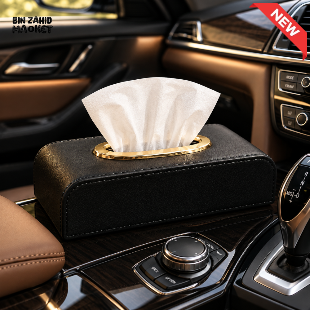 PREMIUM BLACK LEATHER-LOOK CAR TISSUE BOX WITH GOLD-TONE TRIM