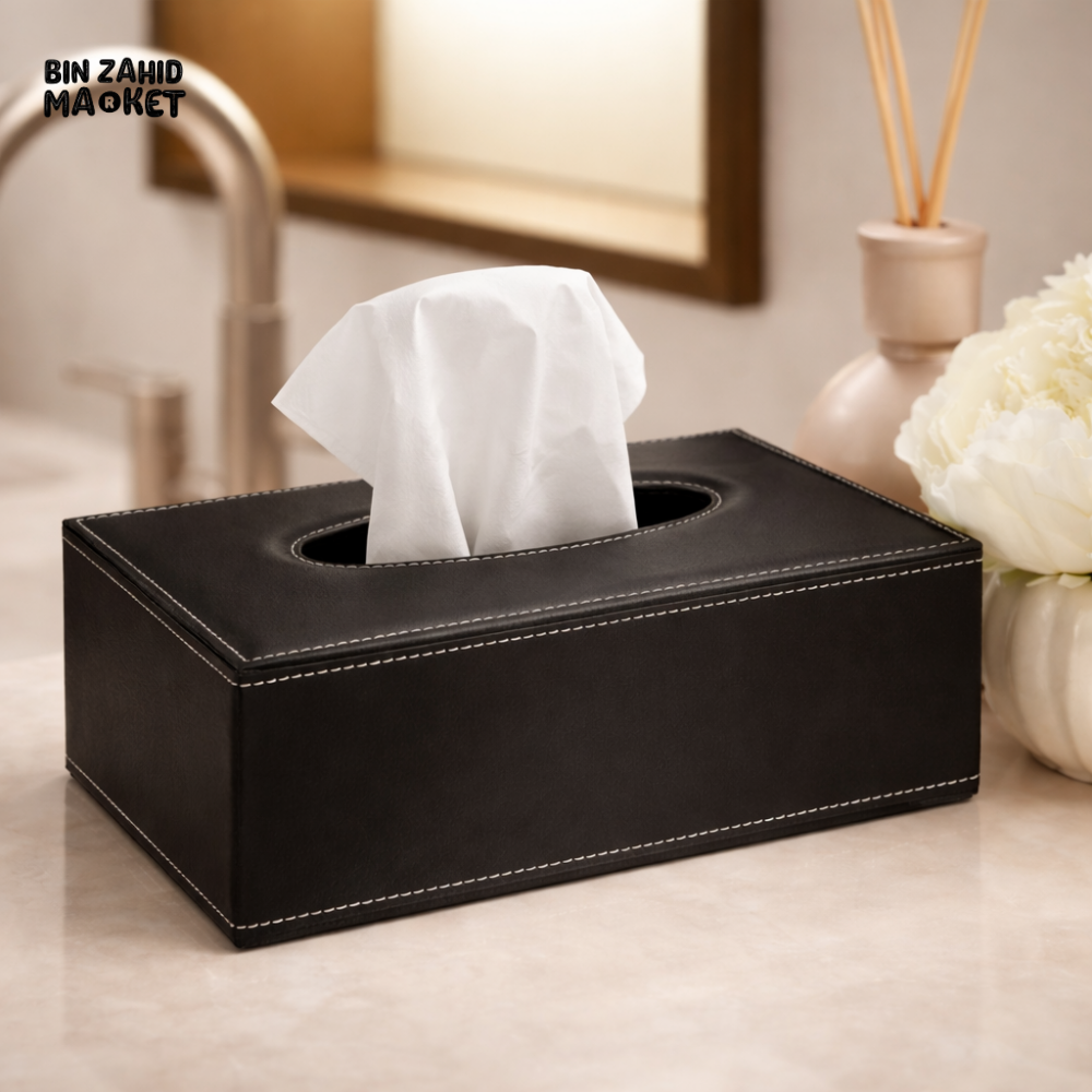 PREMIUM BLACK LEATHER TISSUE BOX COVER – LUXURY RECTANGULAR DESK & TABLE ORGANIZER