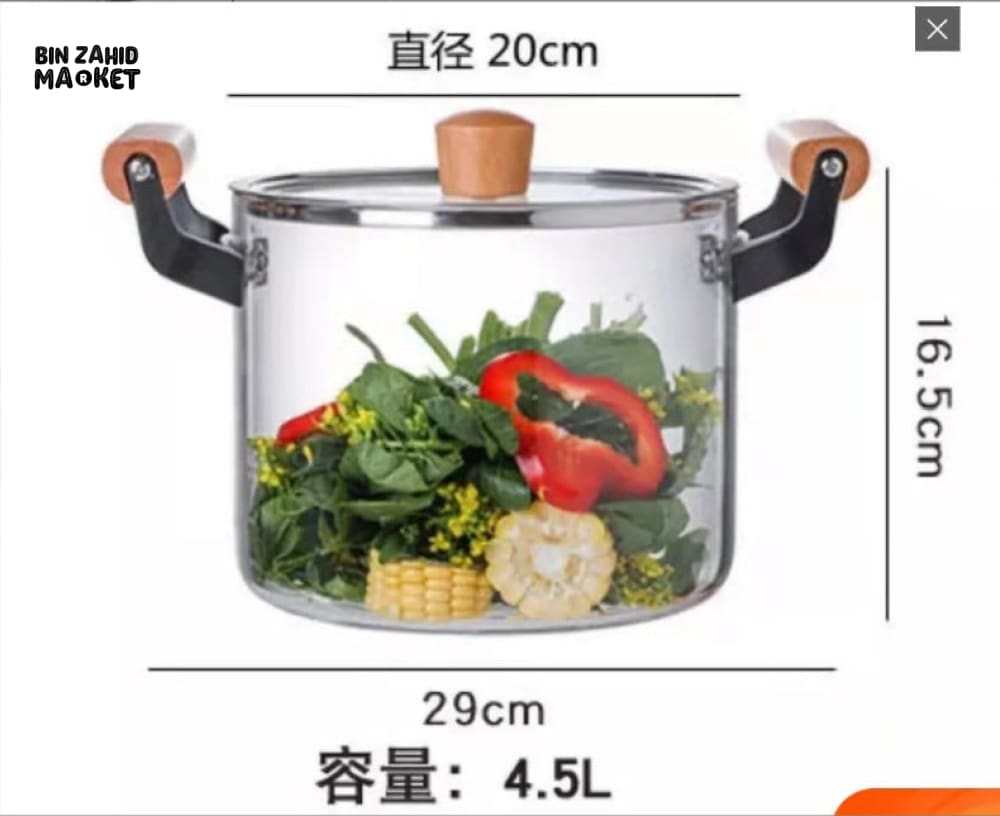 PREMIUM BOROSILICATE GLASS COOKING POT – FLAME-SAFE WOODEN HANDLE LARGE CAPACITY WITH LID - 4.5 LITRE