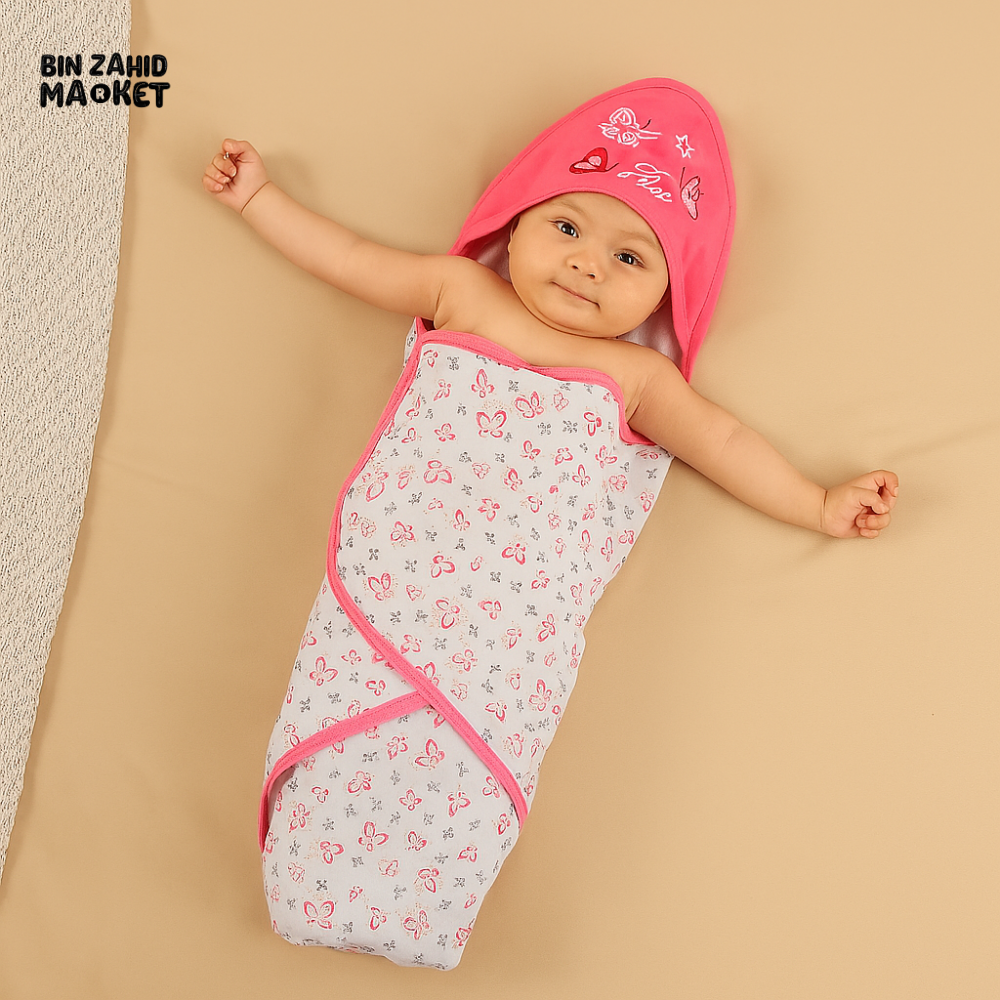 PREMIUM BUTTERFLY PRINT BABY SWADDLE WITH EMBROIDERED HOODED WRAP – 100% COTTON NEWBORN WRAP BLANKET