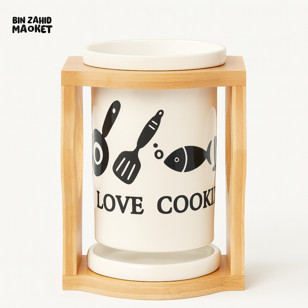 Premium Ceramic Cutlery Holder with Wooden Stand