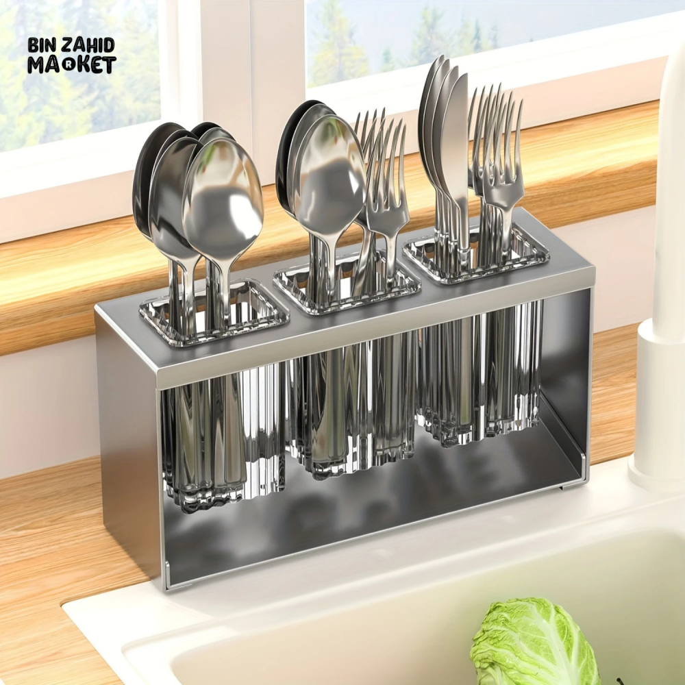 PREMIUM COUNTERTOP CUTLERY DRYING HOLDER TABLEWARE DRAINER BOX WITH SEPARATE COMPARTMENTS FOR FORKS & CHOPSTICKS BLACK TABLETOP STORAGE ORGANIZER