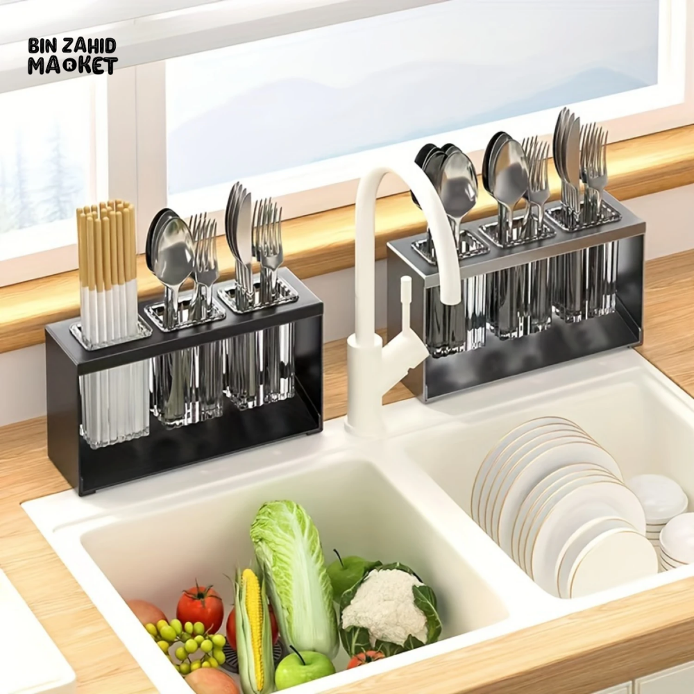 PREMIUM COUNTERTOP CUTLERY DRYING HOLDER TABLEWARE DRAINER BOX WITH SEPARATE COMPARTMENTS FOR FORKS & CHOPSTICKS BLACK TABLETOP STORAGE ORGANIZER