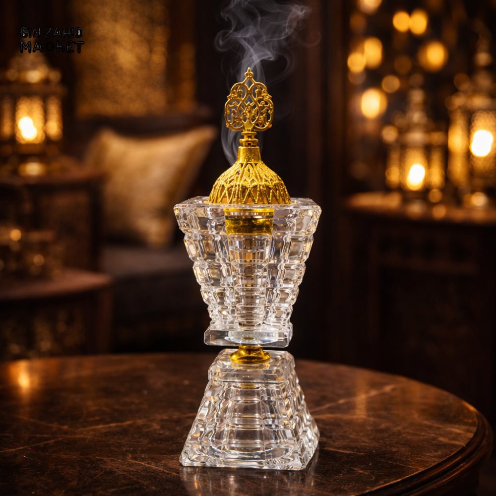 PREMIUM CRYSTAL BAKHOOR INCENSE BURNER – ARABIC STYLE GOLD OUD HOLDER HOME DECOR