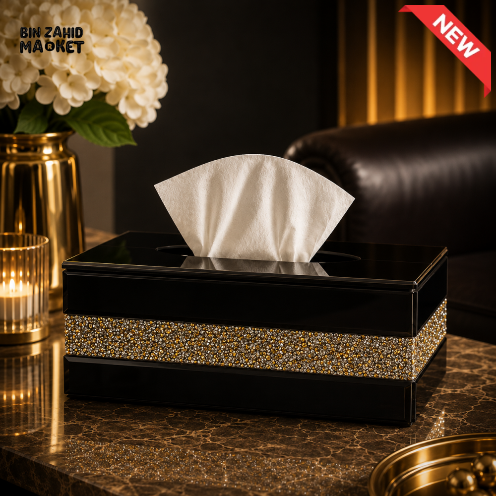 PREMIUM CRYSTAL DIAMOND MIRROR GLASS TISSUE BOX HOLDER - BLACK