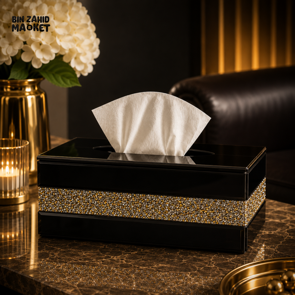 PREMIUM CRYSTAL DIAMOND MIRROR GLASS TISSUE BOX HOLDER - BLACK