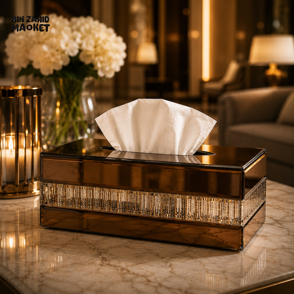 PREMIUM CRYSTAL DIAMOND MIRROR GLASS TISSUE BOX HOLDER - SMOKED AMBER GOLD