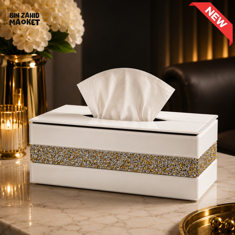 PREMIUM CRYSTAL DIAMOND MIRROR GLASS TISSUE BOX HOLDER - WHITE