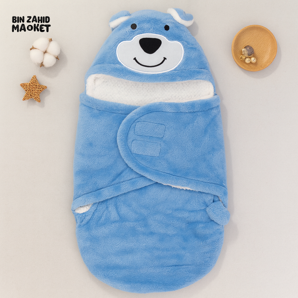 PREMIUM FLEECE BABY SWADDLE – HOODED WRAP FOR SLEEP & TRAVEL TO 6 MONTHS - BLUE BEAER