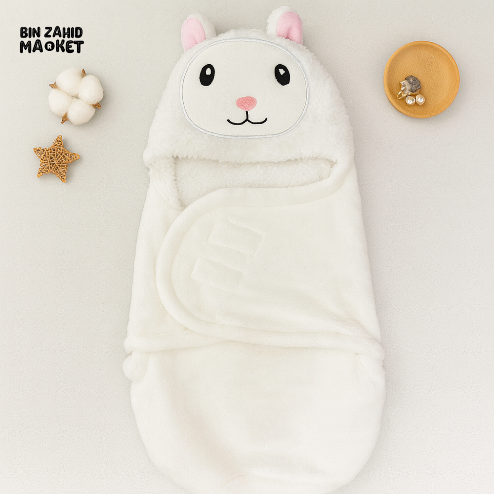 PREMIUM FLEECE BABY SWADDLE – HOODED WRAP FOR SLEEP & TRAVEL TO 6 MONTHS - SHEEP