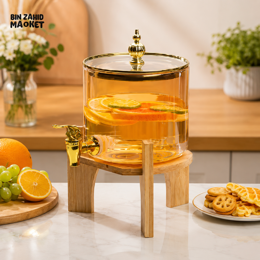 PREMIUM GLASS BEVERAGE DISPENSER WITH WOODEN STAND & LID - 2.6 LITER