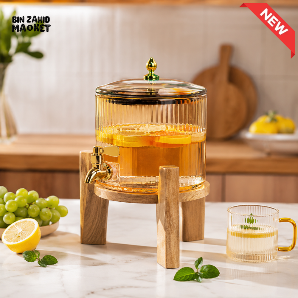 PREMIUM GLASS BEVERAGE DISPENSER WITH WOODEN STAND & LID - 2.6 LITER