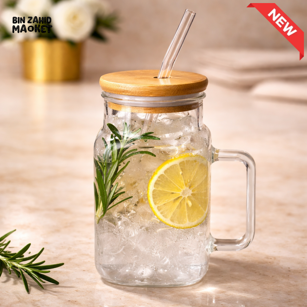 PREMIUM GLASS MASON JAR MUG WITH BAMBOO LID & STRAW – LUXURY INFUSER DRINKING CUP FOR LEMON WATER & BEVERAGES